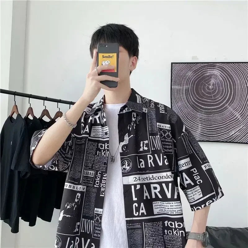 Casual Japanese Style Men's Shirt Summer Thin Short Sleeve Floral Pattern Streetwear Versatile Newspaper Design Five-Quarter Sle