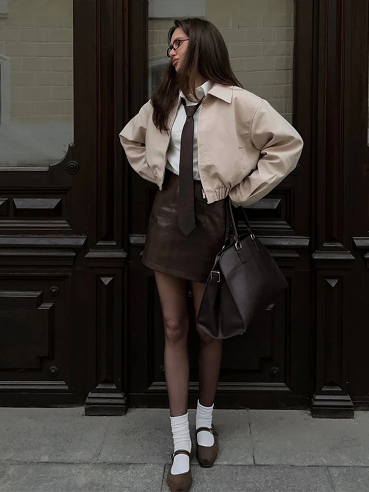 Trendy Women's Shorts Suits Set Beige Lapel Collar Zip Up Long Sleeve Jacket and High Waist Bubble Skorts Casual Coat Streetwear