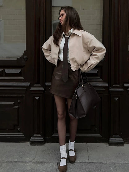 Trendy Women's Shorts Suits Set Beige Lapel Collar Zip Up Long Sleeve Jacket and High Waist Bubble Skorts Casual Coat Streetwear
