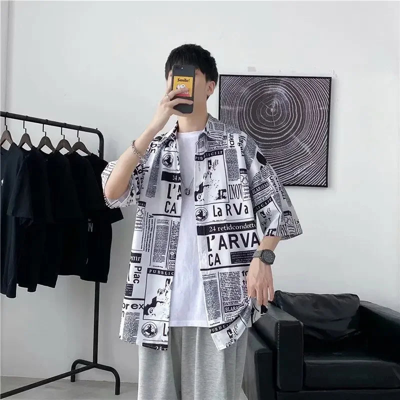Casual Japanese Style Men's Shirt Summer Thin Short Sleeve Floral Pattern Streetwear Versatile Newspaper Design Five-Quarter Sle