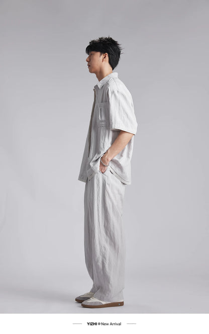 Fashion Men's Lyocell Linen 2-Piece Set 2026 Summer Turn-Down Collar Loose Casual Cool Touch Shirt and Shorts Set