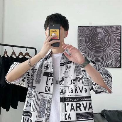 Casual Japanese Style Men's Shirt Summer Thin Short Sleeve Floral Pattern Streetwear Versatile Newspaper Design Five-Quarter Sle