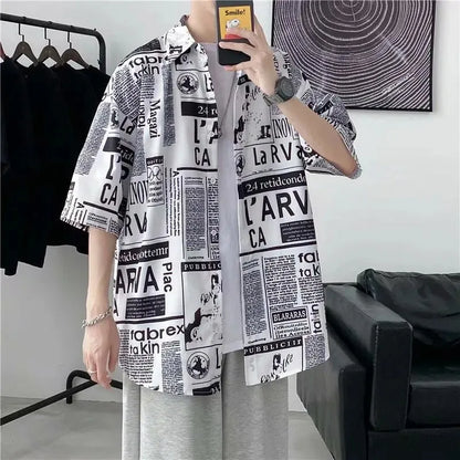 Casual Japanese Style Men's Shirt Summer Thin Short Sleeve Floral Pattern Streetwear Versatile Newspaper Design Five-Quarter Sle
