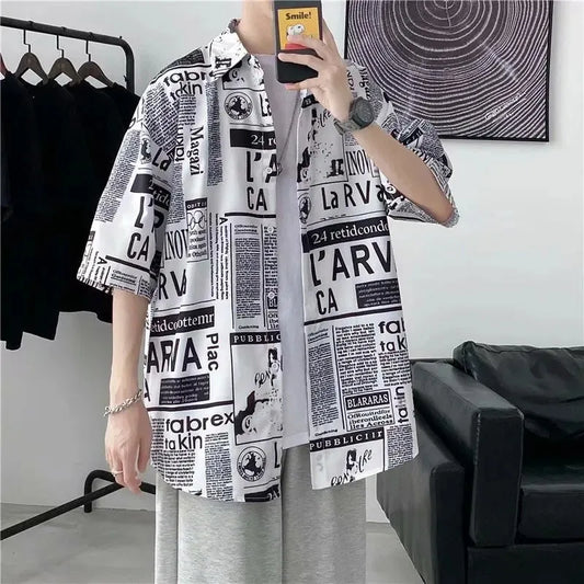 Casual Japanese Style Men's Shirt Summer Thin Short Sleeve Floral Pattern Streetwear Versatile Newspaper Design Five-Quarter Sle