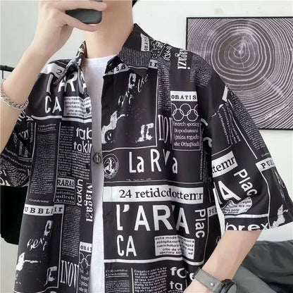 Casual Japanese Style Men's Shirt Summer Thin Short Sleeve Floral Pattern Streetwear Versatile Newspaper Design Five-Quarter Sle