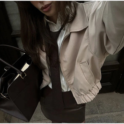 Trendy Women's Shorts Suits Set Beige Lapel Collar Zip Up Long Sleeve Jacket and High Waist Bubble Skorts Casual Coat Streetwear