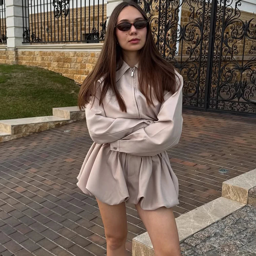 Tuularose Women's 2 Piece Fashion Lapel Zip Jacket Pleated Shorts Suit Vintage Streetwear New Party  Autumn Female Short Sets