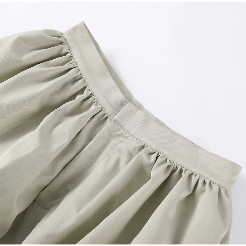 Trendy Women's Shorts Suits Set Beige Lapel Collar Zip Up Long Sleeve Jacket and High Waist Bubble Skorts Casual Coat Streetwear