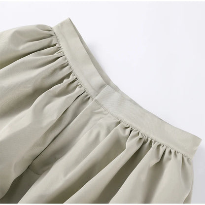 Trendy Women's Shorts Suits Set Beige Lapel Collar Zip Up Long Sleeve Jacket and High Waist Bubble Skorts Casual Coat Streetwear