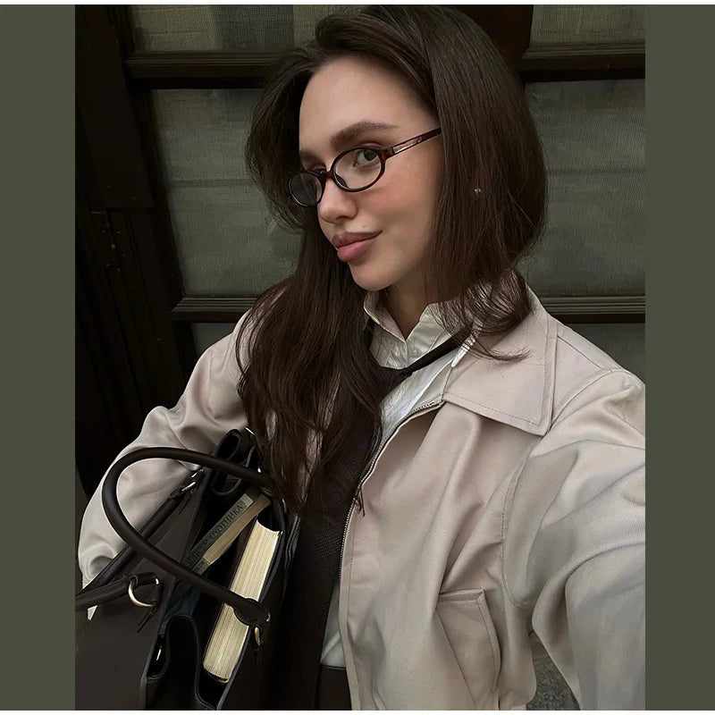 Trendy Women's Shorts Suits Set Beige Lapel Collar Zip Up Long Sleeve Jacket and High Waist Bubble Skorts Casual Coat Streetwear