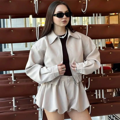 Tuularose Women's 2 Piece Fashion Lapel Zip Jacket Pleated Shorts Suit Vintage Streetwear New Party  Autumn Female Short Sets