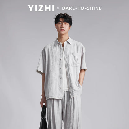 Fashion Men's Lyocell Linen 2-Piece Set 2026 Summer Turn-Down Collar Loose Casual Cool Touch Shirt and Shorts Set