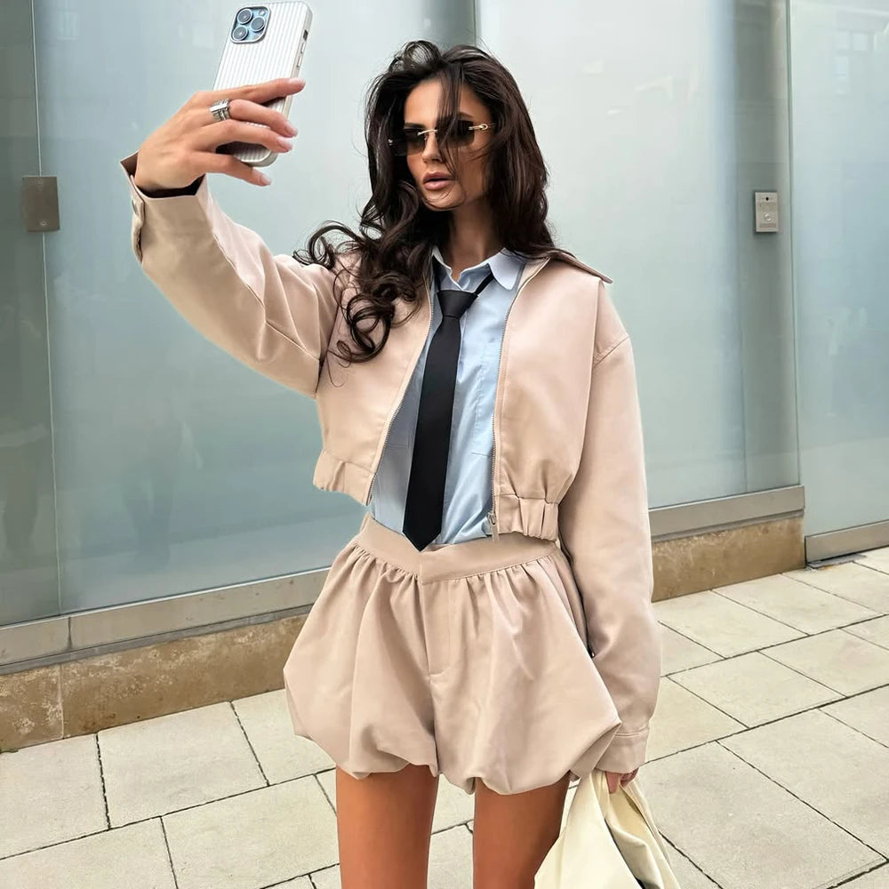 Tuularose Women's 2 Piece Fashion Lapel Zip Jacket Pleated Shorts Suit Vintage Streetwear New Party  Autumn Female Short Sets