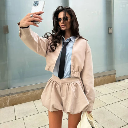 Tuularose Women's 2 Piece Fashion Lapel Zip Jacket Pleated Shorts Suit Vintage Streetwear New Party  Autumn Female Short Sets