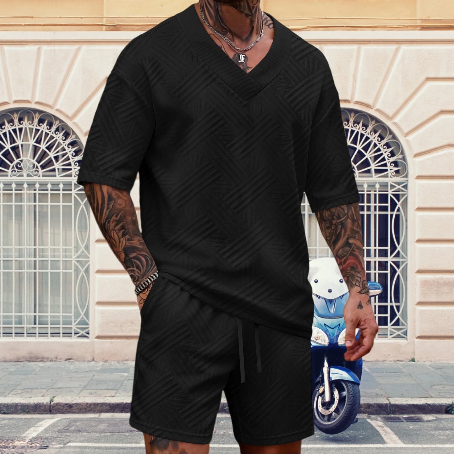 New high-quality men's casual V-neck T-shirt and shorts set - summer two-piece clothing - fashionable attire suitable for men to