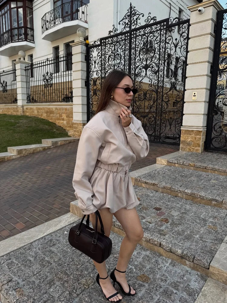 Trendy Women's Shorts Suits Set Beige Lapel Collar Zip Up Long Sleeve Jacket and High Waist Bubble Skorts Casual Coat Streetwear