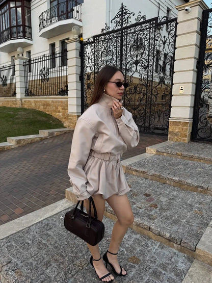 Trendy Women's Shorts Suits Set Beige Lapel Collar Zip Up Long Sleeve Jacket and High Waist Bubble Skorts Casual Coat Streetwear