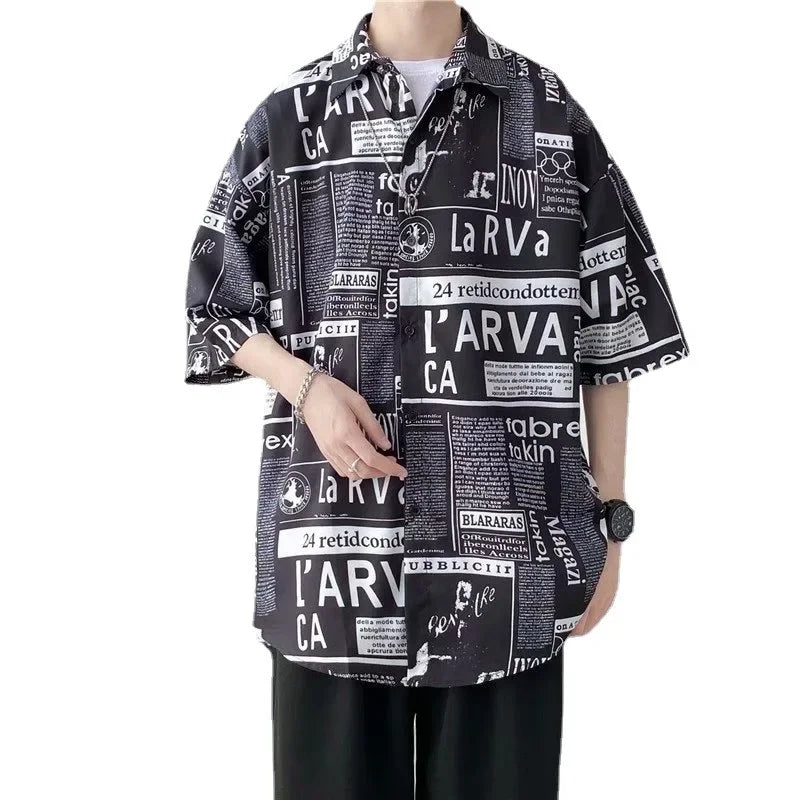Casual Japanese Style Men's Shirt Summer Thin Short Sleeve Floral Pattern Streetwear Versatile Newspaper Design Five-Quarter Sle
