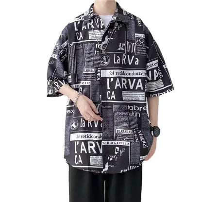 Casual Japanese Style Men's Shirt Summer Thin Short Sleeve Floral Pattern Streetwear Versatile Newspaper Design Five-Quarter Sle