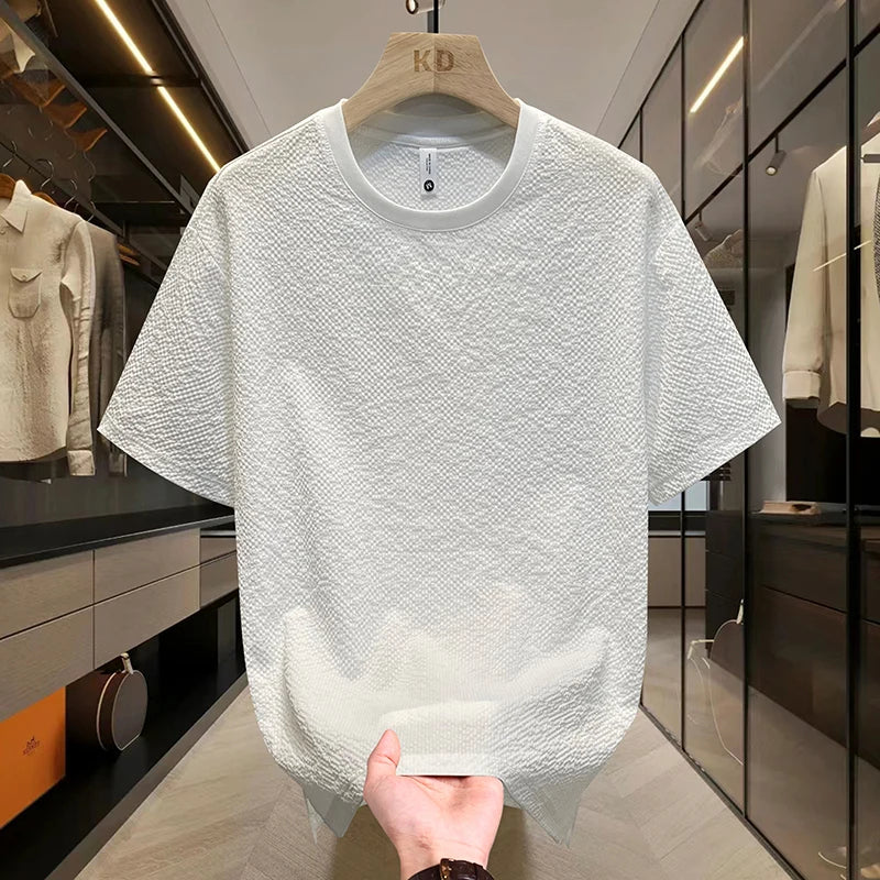 Summer Textured Seersucker Tee For Men Slim Fit Round Neck Short Sleeve Shirt Lightweight Breathable Top Mens Summer T Shirt