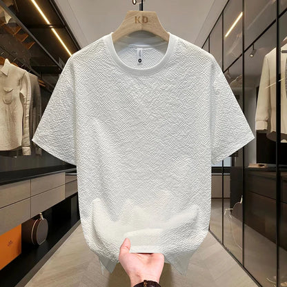 Summer Textured Seersucker Tee For Men Slim Fit Round Neck Short Sleeve Shirt Lightweight Breathable Top Mens Summer T Shirt