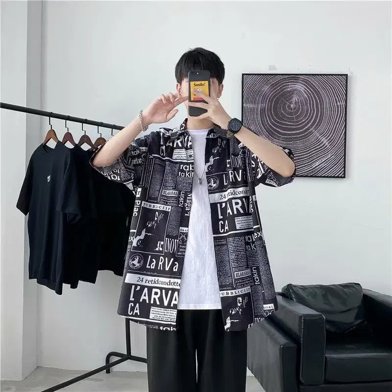 Casual Japanese Style Men's Shirt Summer Thin Short Sleeve Floral Pattern Streetwear Versatile Newspaper Design Five-Quarter Sle