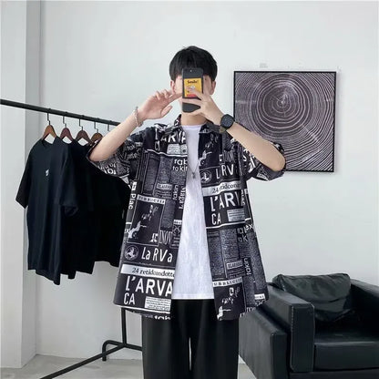 Casual Japanese Style Men's Shirt Summer Thin Short Sleeve Floral Pattern Streetwear Versatile Newspaper Design Five-Quarter Sle