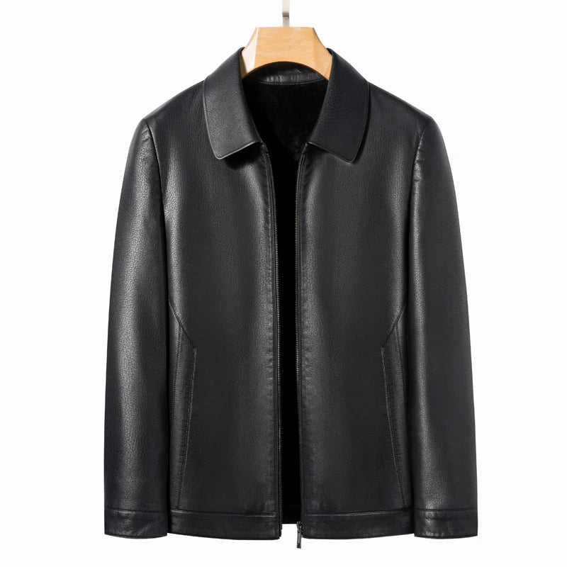 YN-2335 Spring and Autumn Men's Genuine Leather Polo Mock Neck Jacket Fashion Slim Sheepskin Coat Black Grey Husband Gift Youth