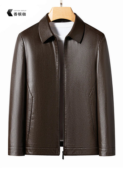 YN-2335 Spring and Autumn Men's Genuine Leather Polo Mock Neck Jacket Fashion Slim Sheepskin Coat Black Grey Husband Gift Youth