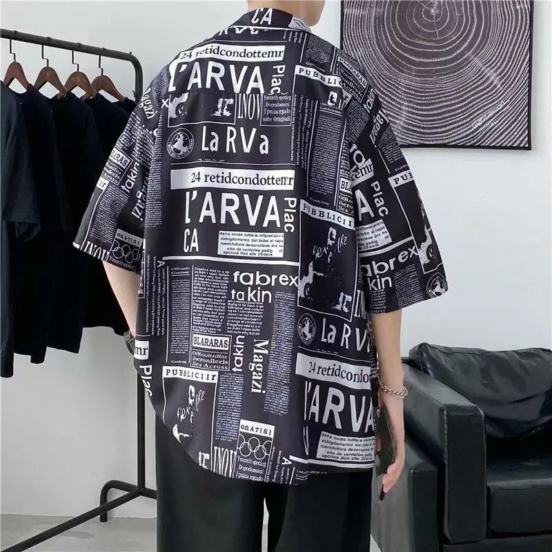 Casual Japanese Style Men's Shirt Summer Thin Short Sleeve Floral Pattern Streetwear Versatile Newspaper Design Five-Quarter Sle