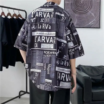 Casual Japanese Style Men's Shirt Summer Thin Short Sleeve Floral Pattern Streetwear Versatile Newspaper Design Five-Quarter Sle