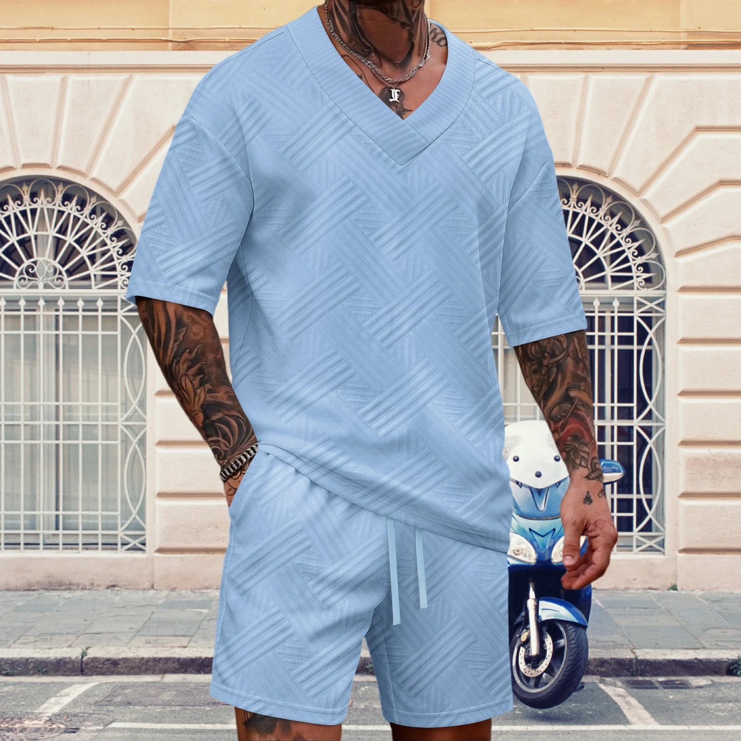 New high-quality men's casual V-neck T-shirt and shorts set - summer two-piece clothing - fashionable attire suitable for men to