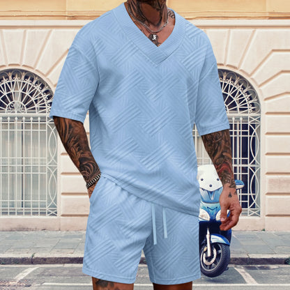 New high-quality men's casual V-neck T-shirt and shorts set - summer two-piece clothing - fashionable attire suitable for men to