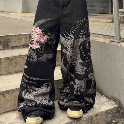 Hip Hop Cherry Blossom Embroidered Baggy Jeans