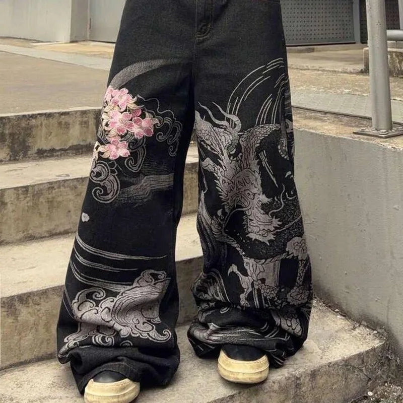 Hip Hop Cherry Blossom Embroidered Baggy Jeans