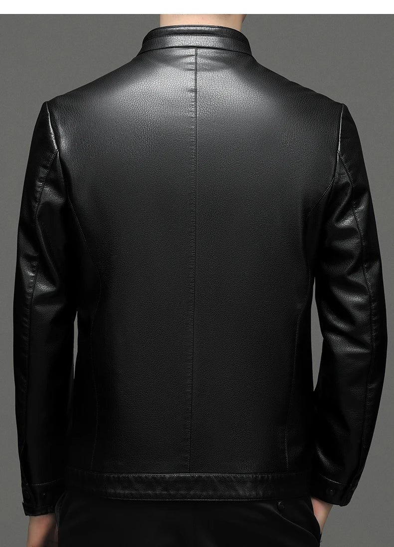 YN-2335 Spring and Autumn Men's Genuine Leather Polo Mock Neck Jacket Fashion Slim Sheepskin Coat Black Grey Husband Gift Youth
