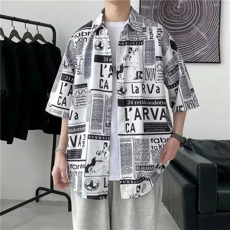 Casual Japanese Style Men's Shirt Summer Thin Short Sleeve Floral Pattern Streetwear Versatile Newspaper Design Five-Quarter Sle