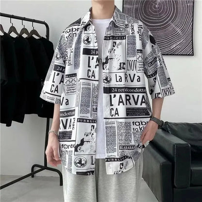Casual Japanese Style Men's Shirt Summer Thin Short Sleeve Floral Pattern Streetwear Versatile Newspaper Design Five-Quarter Sle