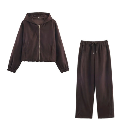 HH Women Fashion Pants Suit Solid Long Sleeves Pocket Hooded Zipper Short Jacket+Casual Loose Drawstring Street Wide Leg Pants