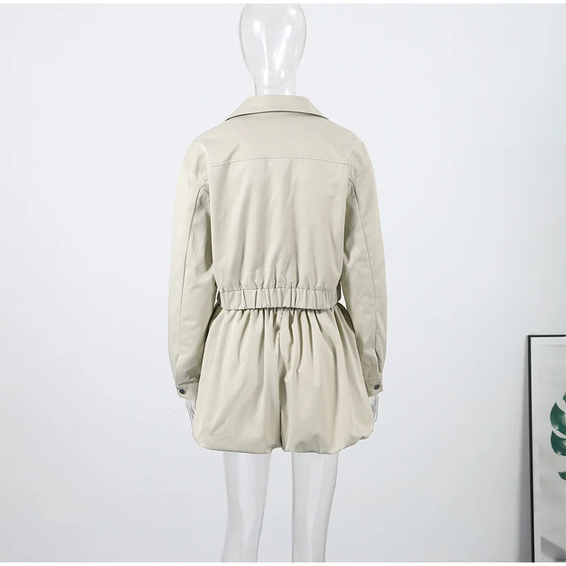 Trendy Women's Shorts Suits Set Beige Lapel Collar Zip Up Long Sleeve Jacket and High Waist Bubble Skorts Casual Coat Streetwear