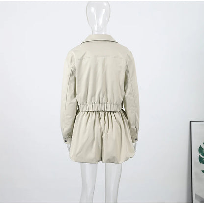 Trendy Women's Shorts Suits Set Beige Lapel Collar Zip Up Long Sleeve Jacket and High Waist Bubble Skorts Casual Coat Streetwear