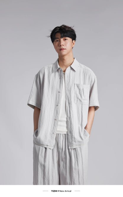 Fashion Men's Lyocell Linen 2-Piece Set 2026 Summer Turn-Down Collar Loose Casual Cool Touch Shirt and Shorts Set