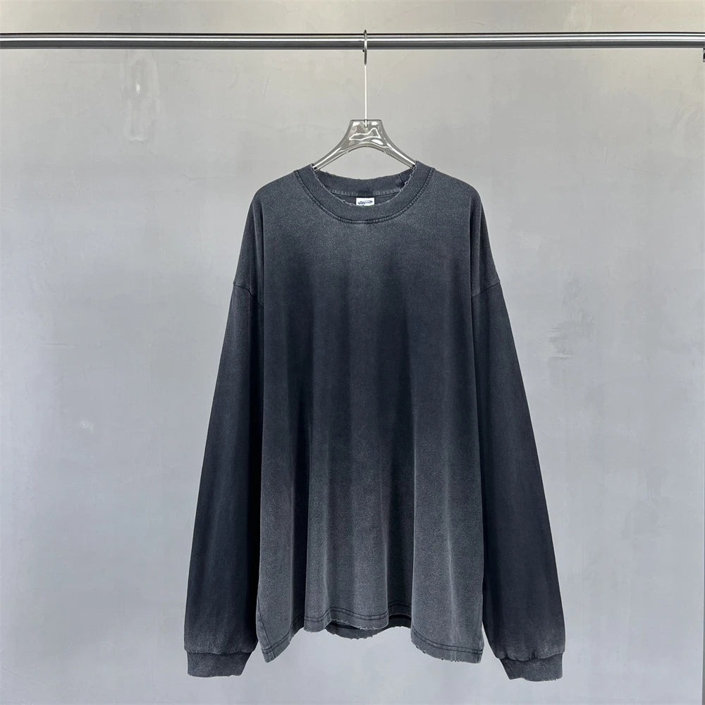 ZODF Retro 2024 Autumn 275gsm Washed Cotton T-Shirt Unisex Oversized Solid Long Sleeve O-Neck T Shirt Brand Tops HY0948