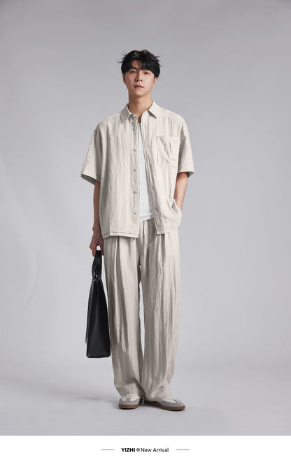Fashion Men's Lyocell Linen 2-Piece Set 2026 Summer Turn-Down Collar Loose Casual Cool Touch Shirt and Shorts Set