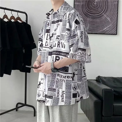 Casual Japanese Style Men's Shirt Summer Thin Short Sleeve Floral Pattern Streetwear Versatile Newspaper Design Five-Quarter Sle