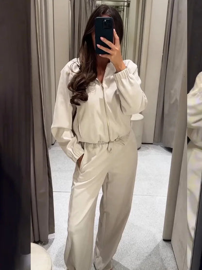 HH Women Fashion Pants Suit Solid Long Sleeves Pocket Hooded Zipper Short Jacket+Casual Loose Drawstring Street Wide Leg Pants
