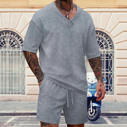 New high-quality men's casual V-neck T-shirt and shorts set - summer two-piece clothing - fashionable attire suitable for men to