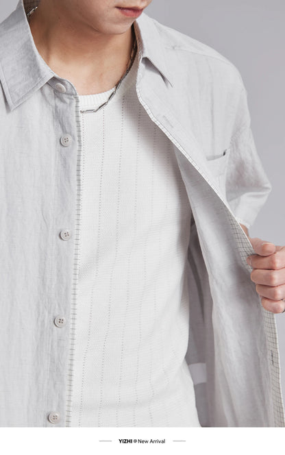 Fashion Men's Lyocell Linen 2-Piece Set 2026 Summer Turn-Down Collar Loose Casual Cool Touch Shirt and Shorts Set