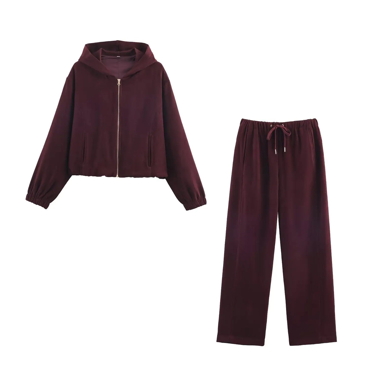 HH Women Fashion Pants Suit Solid Long Sleeves Pocket Hooded Zipper Short Jacket+Casual Loose Drawstring Street Wide Leg Pants
