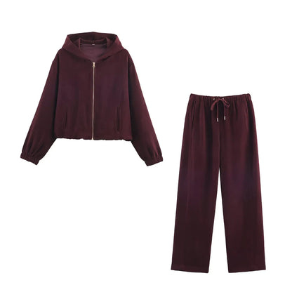 HH Women Fashion Pants Suit Solid Long Sleeves Pocket Hooded Zipper Short Jacket+Casual Loose Drawstring Street Wide Leg Pants